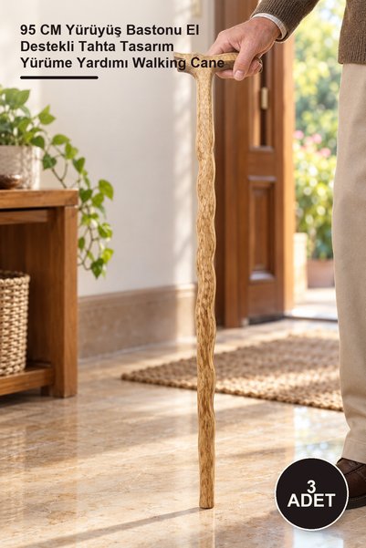 Yenilig 3 Adet Ahşap Baston – 95 CM Yürüyüş Bastonu El Destekli Tahta Tasarım Yürüme Yardımı Walking Cane