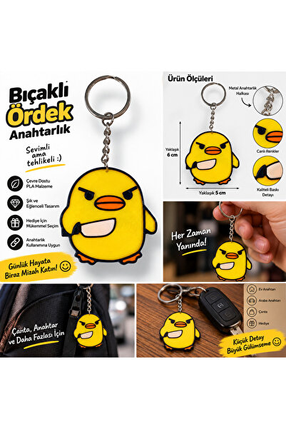ofisdizayn Bıçaklı Ördek Eğlenceli 3D Baskı Anahtarlık – Sarı Ördek