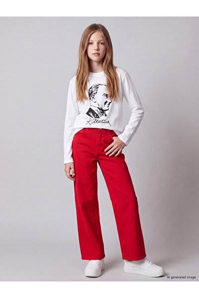 LC Waikiki Lcw Kids Red Wideleg Girls Gabardine Trousers with Nevavm Difference