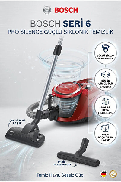 Bosch Serie 6 ProSilence BGC41Q69 Kırmızı Toz Torbasız Elektrikli Süpürge