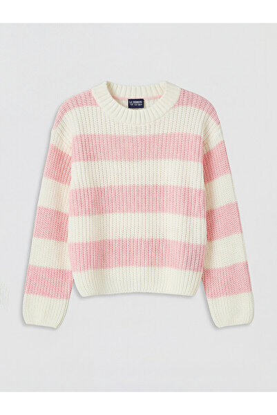 LC Waikiki Nevavm Pink Oval Collar Striped Girls' Knitwear Sweater with a Dif...