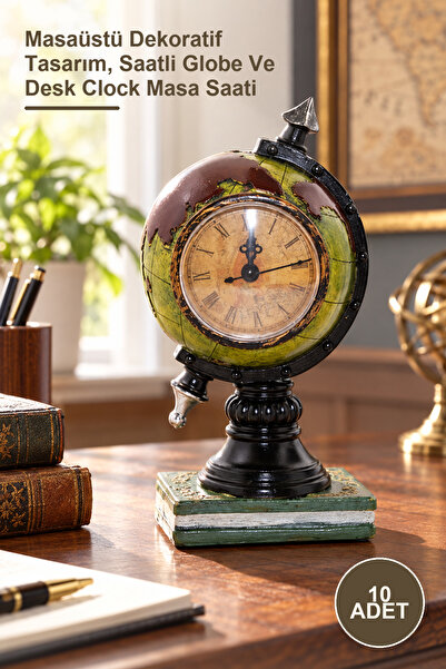 Yenilig 10 Adet Polyester Saatli Dünya Küre – Masaüstü Dekoratif Tasarım, Saatli Globe Ve Desk Clock Masa Saati