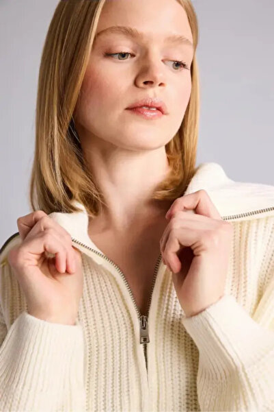 DeFacto Oversized Zippered Ecru Cardigan A3333Ax26Wn
