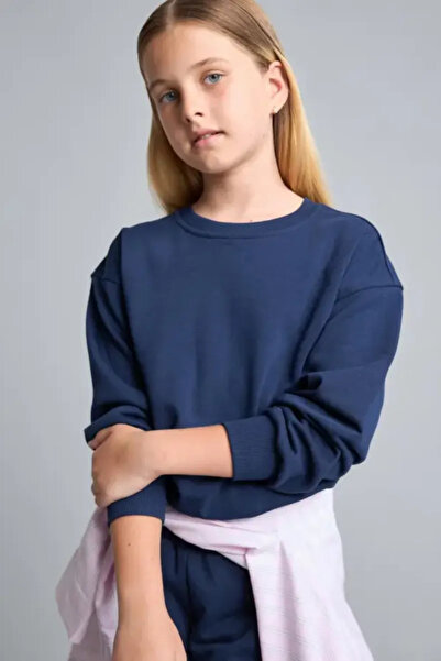 DeFacto Okul Relax Fit Crew Neck Navy Blue Sweatshirt for Girls E6842A826Au