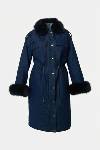 Kayra Faux Fur Denim Coat Navy Blue