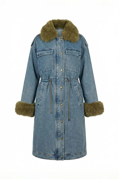 Kayra Suni Kürklü Denim Mont Açık Mavi
