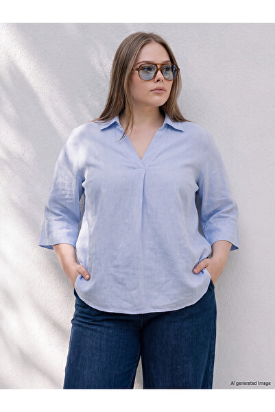 LC Waikiki Two Mt Shop Quality Lcw Curve Blue Plus Size 100% Linen Women's Shirt
