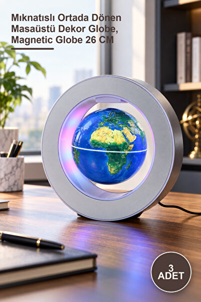 Yenilig 3 Adet Dünya Küresi – Mıknatıslı Ortada Dönen Masaüstü Dekor Globe, Magnetic Globe 26 CM