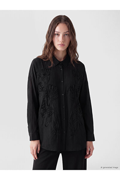 LC Waikiki Nevavm Farkıyla Lcw Modest Black Embroidered Women's Shirt Tunic