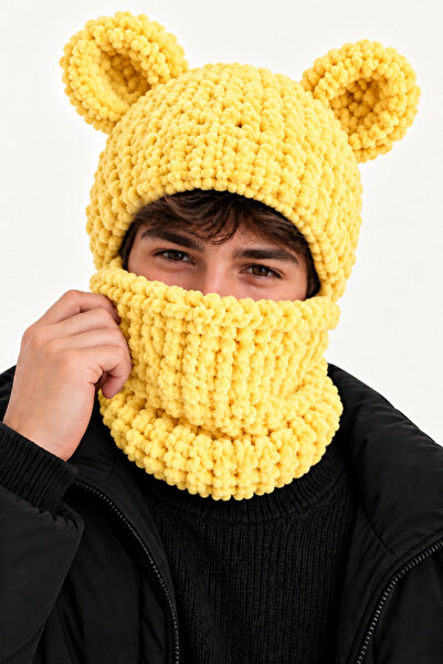NEHOLİA Men's Puffy Balaklava with Ears Knitted Hood Neck Collar Yellow Winte...