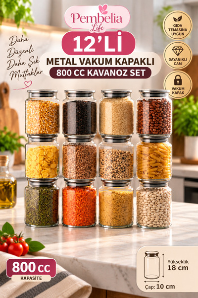 Pembelia Life 12’li Metal Vakum Kapaklı Cam 800 cc Bakliyat Erzak Saklama Kav...