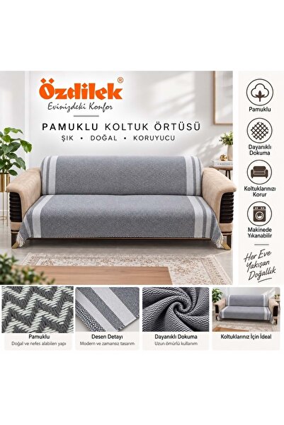 Özdilek Pamuklu Kaymaz Zigzag Koltuk Örtüsü (170x210) - Antrasit