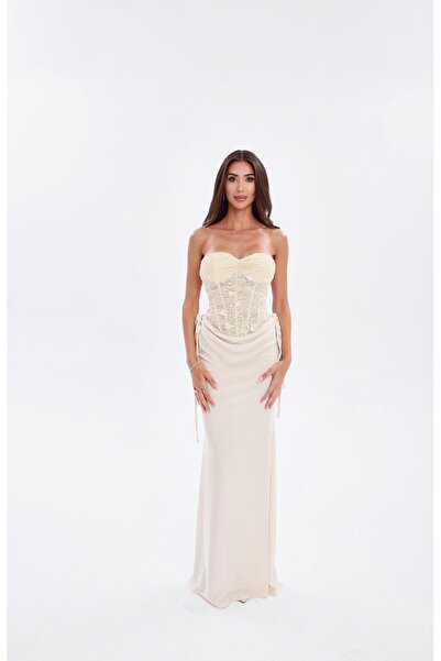 LeLure Atelier Kadın Ekru Krem Korse Detaylı Straplez Dökümlü Nikah Söz Ve Ni...
