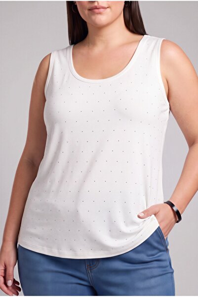 RMG Stone Detailed Large Size Round Viscose Undershirt Ecru