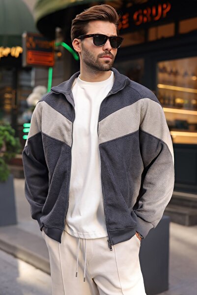 Madmext Smoked Stripe Detailed Double Zipper Men's Fleece Cardigan E7191