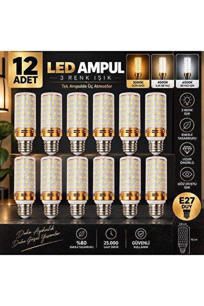 Led 12 ADET E27 DUYLU 3 RENK AVİZE AMPULU (BEYAZ,SARI,G.IŞIĞI) .