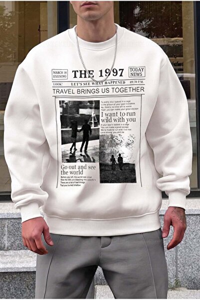 VACHT Muška ecru off-white majica sa širokim izrezom i printom iz 1997. godine