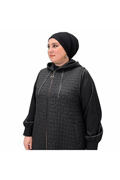 Ferace Kadın Büyük Beden Taş İşlemeli Kapitone Yelek