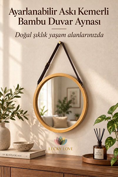 Lucky Love Bambu Çerçeveli Yuvarlak Duvar Aynası 30 cm Ayarlanabilir Askı Kem...