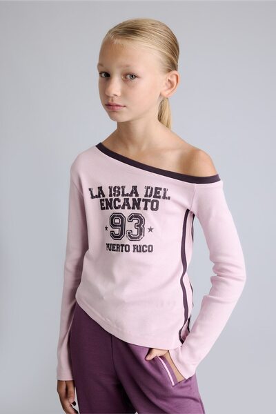 DeFacto Fashion Fit Asymmetrical Waist Boat Neck Printed Ribbed Long Sleeve T...