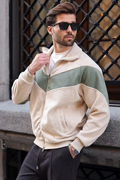 Madmext Beige Stripe Detailed Double Zipper Men's Fleece Cardigan E7191