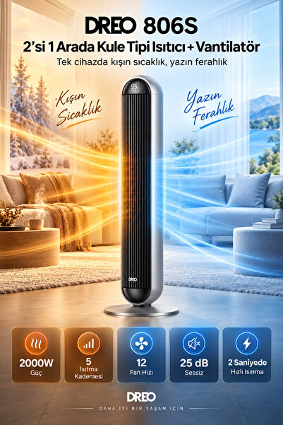DREO 806S 2’si 1 Arada Akıllı Kule Isıtıcı ve Vantilatör 2000W PTC Seramik WiFi 120° Salınım Uzaktan Kumandalı
