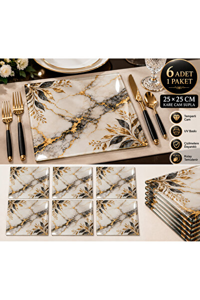 Cam Supla 25x25 cm Kare UV Baskılı Mermer Gold Desenli Servis ve Tabak Altlığı - Cam supla