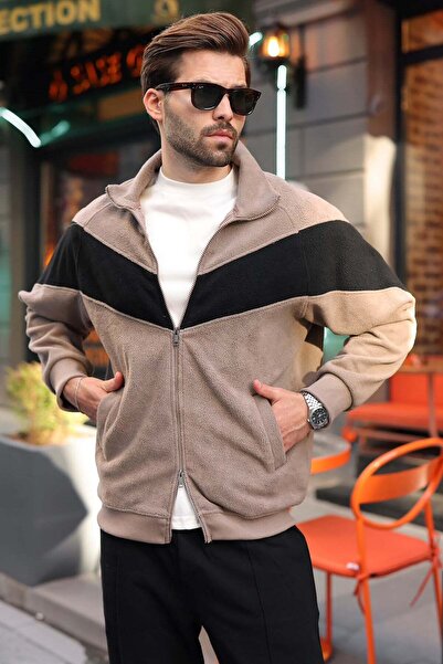 Madmext Mink Stripe Detailed Double Zipper Men's Fleece Cardigan E7191