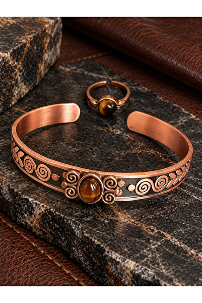 zadenza gold Women's Copper Ring Bracelet Handcrafted Pure Copper Oval Tiger'...