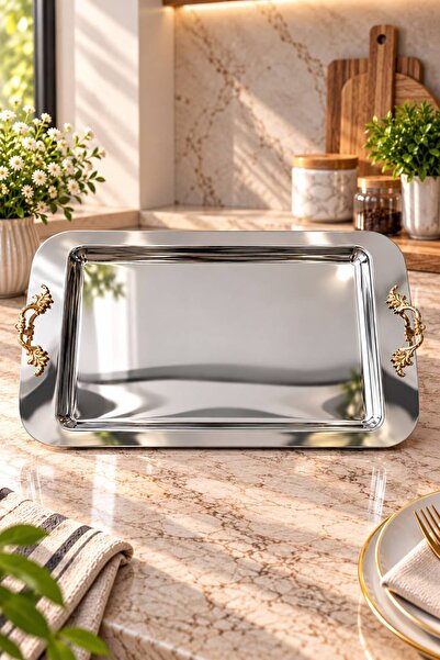 LAVONNI Pearl Steel Tea Tray |   Decorative Serving Tray |   Stylish and Eleg...
