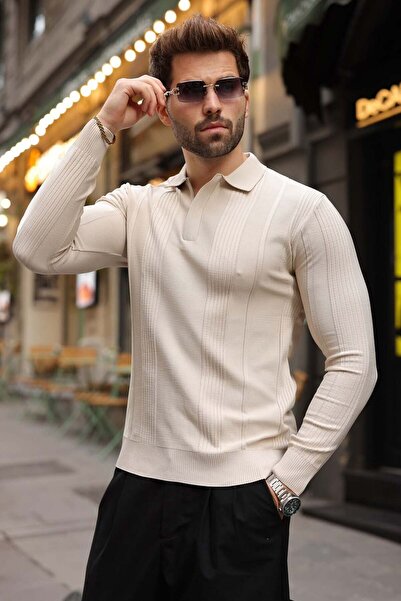 Madmext Stone Color Polo Collar Slim Fit Men's Knitwear Sweater E7527