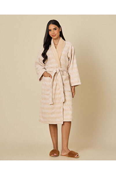 REDTAG Women Beige Jacquard Velour Shawl Collar Bathrobe 118cm (XL)