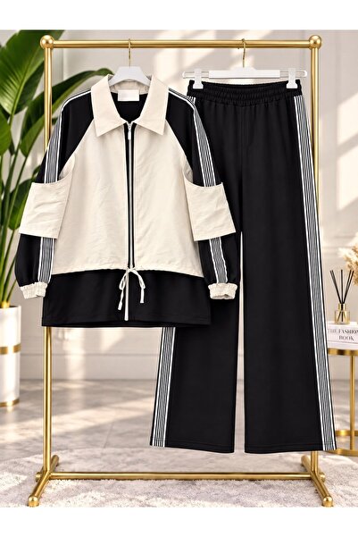 modasindoma Women's Hijab Shirt Collar Layered Design Trouser Suit Black