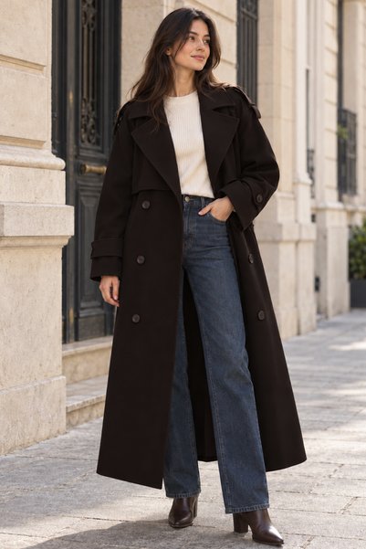 FH Living Trench lung, oversize, pentru femei, de culoare maro închis, cu cordon