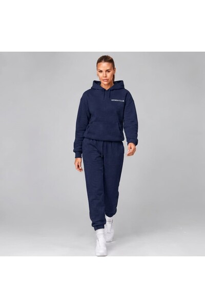 Gelsomino Women's Navy Blue Hooded Sweatshirt Tracksuit Set with Kangaroo Poc...