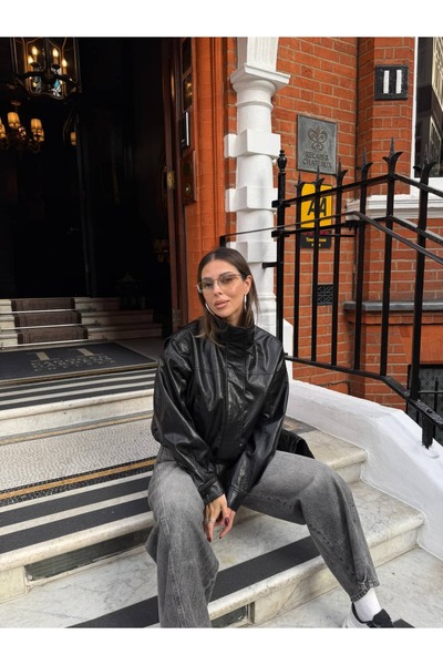 sinem kıvanç DİK YAKA PARLAK DERİ CEKET