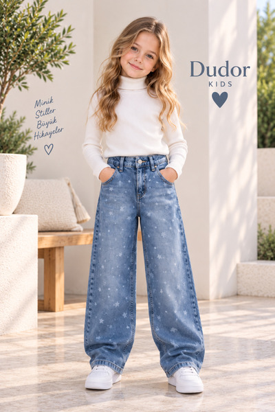 DUDOR KİDS Pantaloni din denim albastru cu imprimeu stele pentru fete (model ...