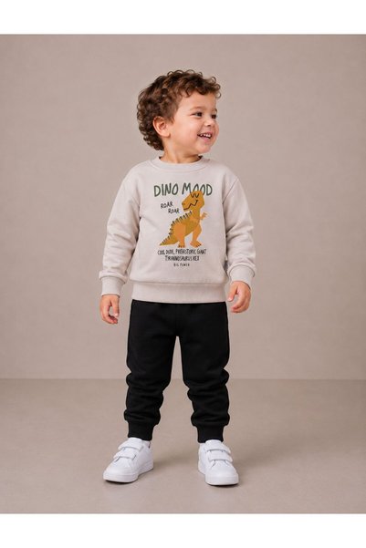 SEENJOB KİDS Simit Yaka Dino Baskılı Sweatshirt/Beli Lastikli Eşofman 3 İp Şa...