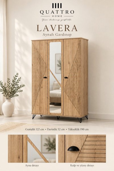 QUATTRO HOME Lavera Aynalı 3 Kapaklı Gardırop-Genişlik: 122 cm Derinlik: 52 c...