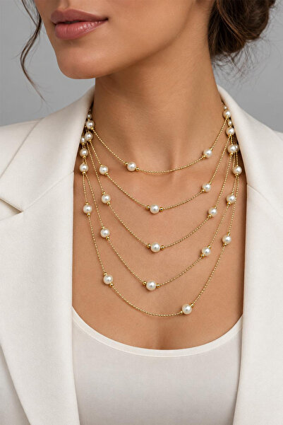 Modex Gold Yellow Pearl Layered Multiple Necklace (35Cm-55Cm)