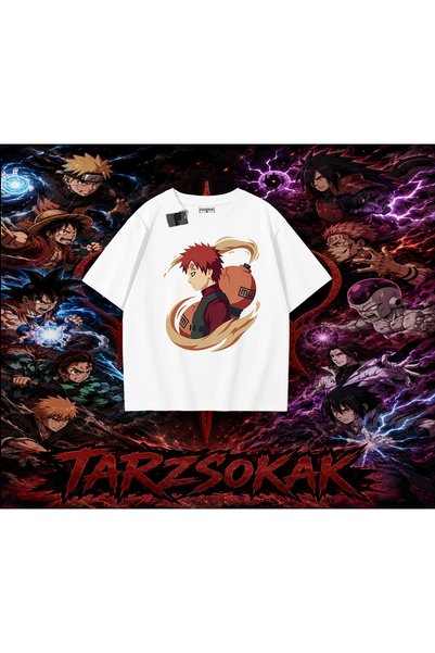 Tarzsokak تي شيرت Gaara Naruto Anime Character كبير الحجم للجنسين باللون الأبيض