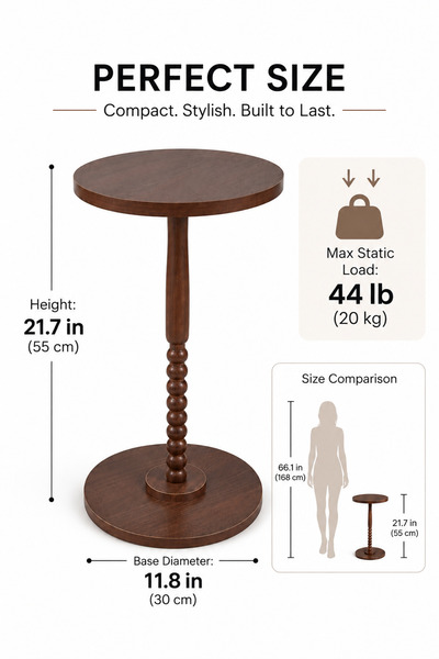 Yanara Round Wood Side Table Rustic Brown Pedestal End Table, Small Accent Ni...