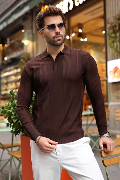 Madmext Brown Polo Collar Slim Fit Men's Knitwear Sweater E7527
