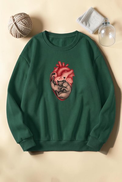 uyguntarz Unisex Catinhearth Printed Crew Neck Sweatshirt