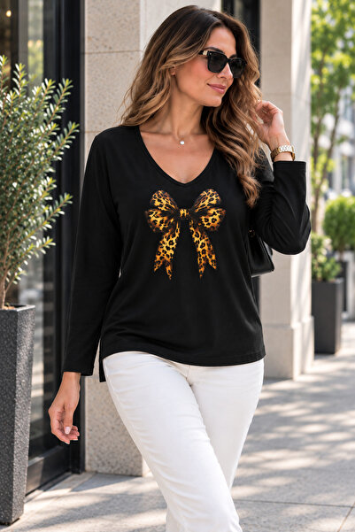 Kokosh moda Women's V-Neck Long Sleeve Patterned Stylish Single Jersey Blouse