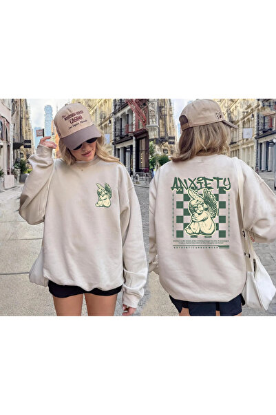 SUNFREE Anxiety Angel Back and Front Printed Oversize Unisex Cotton Beige Swe...