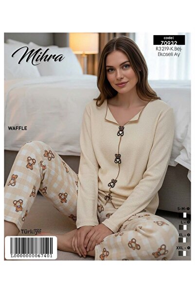 Mihra Uzun Kollu Waffle Kumaş Ekoseli Ayıcık Desenli Pijama Takımı – Bej