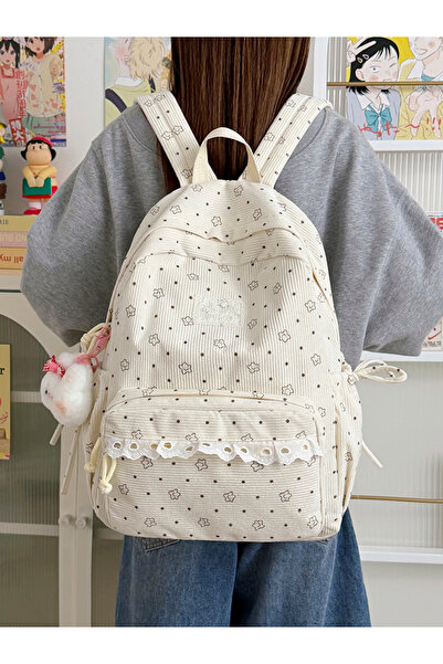 Take Two By Styli Cream Star Print Lace Trim Large Backpack
