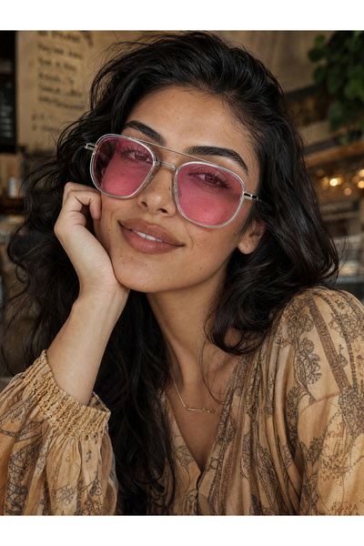 Take Two By Styli Silver Double Bridge Pink Lens Aviator Sunglasses