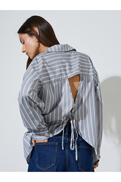 Styli Grey Striped Long Sleeves Back Tie Detail Oversized Shirt